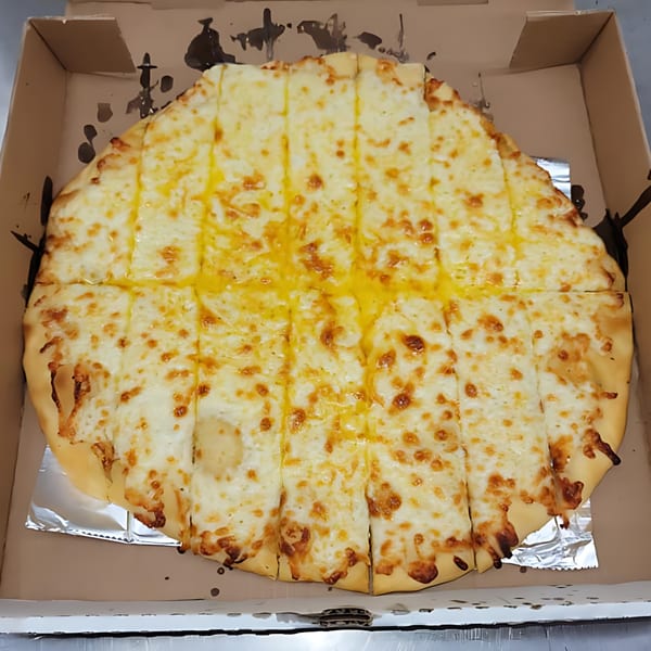 A Momo's Pizzeria cheese pizza, cut into strips, sits in a cardboard box.